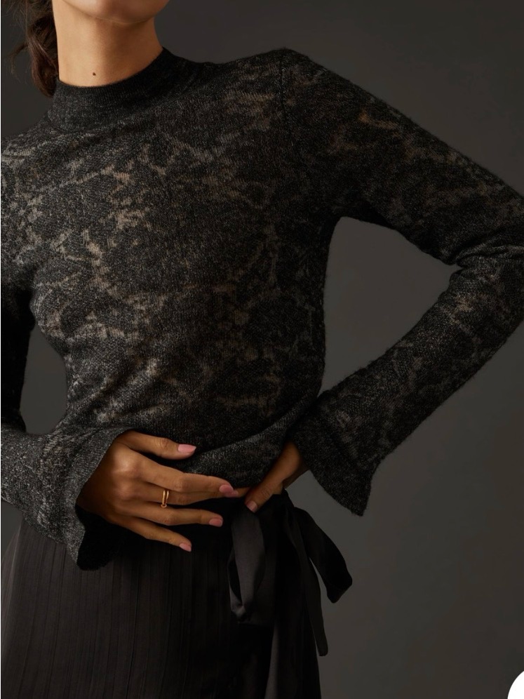 Anthropologie Hannah Wool Merino Lace Black & Charcoal Long Sleeve Mock Neck Top